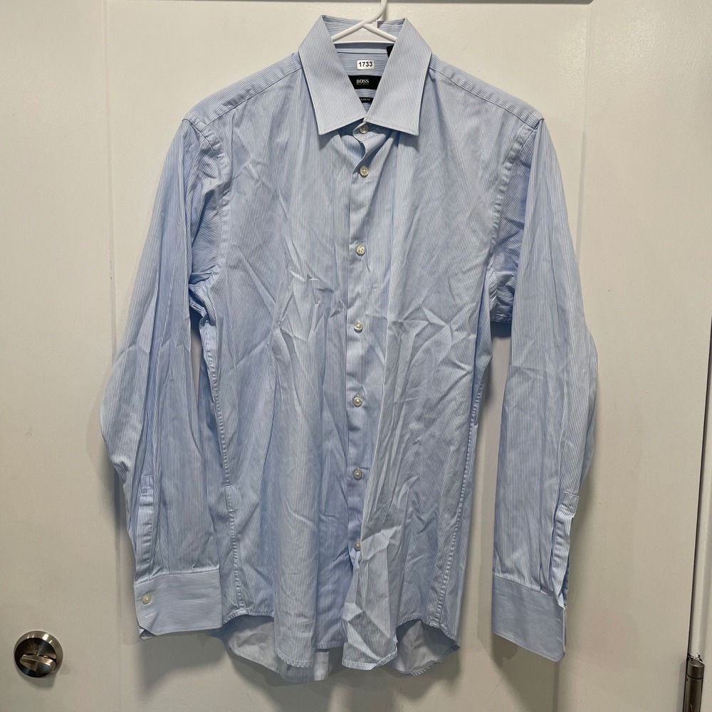 Hugo Boss Regular Fit Dress Shirt Blue White Stripe Size 15 32/33 Long Sleeve